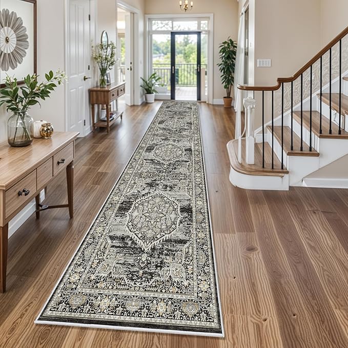 Washable Hallway Runner Rugs 3x14: Soft Ultra Thin Low Pile Carpet Machine Washable Indoor Lightweight Rug Runner Anti Slip Backing Rugs for Living Room Bedroom Kitchen 3'x14' Black
