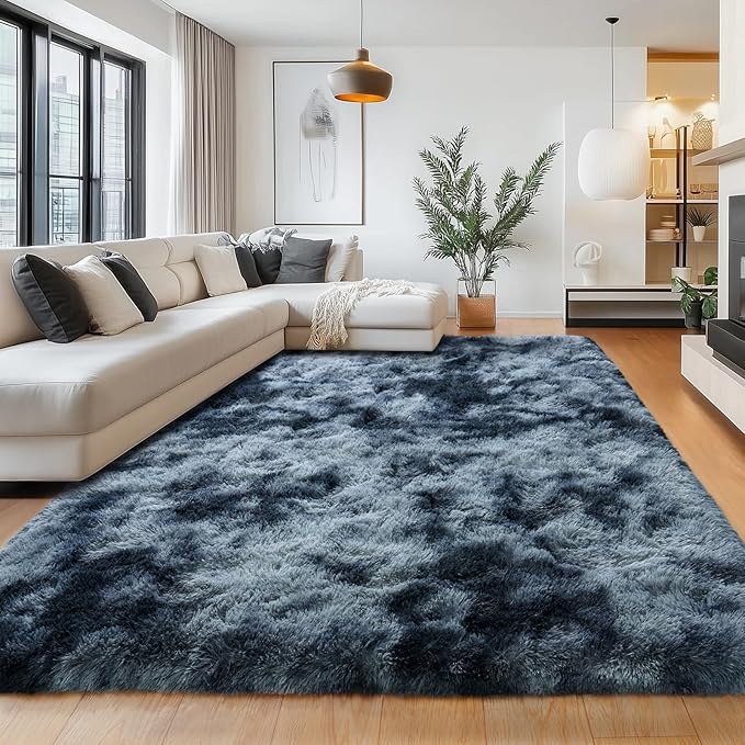 Area Rugs for Bedroom, 4x6 Feet Tie-Dyed Blue Grey Shaggy Fluffy Throw Carpets, Ultra Soft Plush Modern Indoor Fuzzy Rugs for Living Room Kids Nursery Room Dorm Home Decor