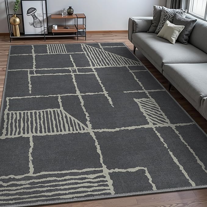 Bavni 5x7 Rug, Abstract Machine Washable Rug Non-Slip, Soft Modern Lightweight Area Rug, Stain Resistant Rugs for Living Room, Bedroom, Dining Room, Dark Gray