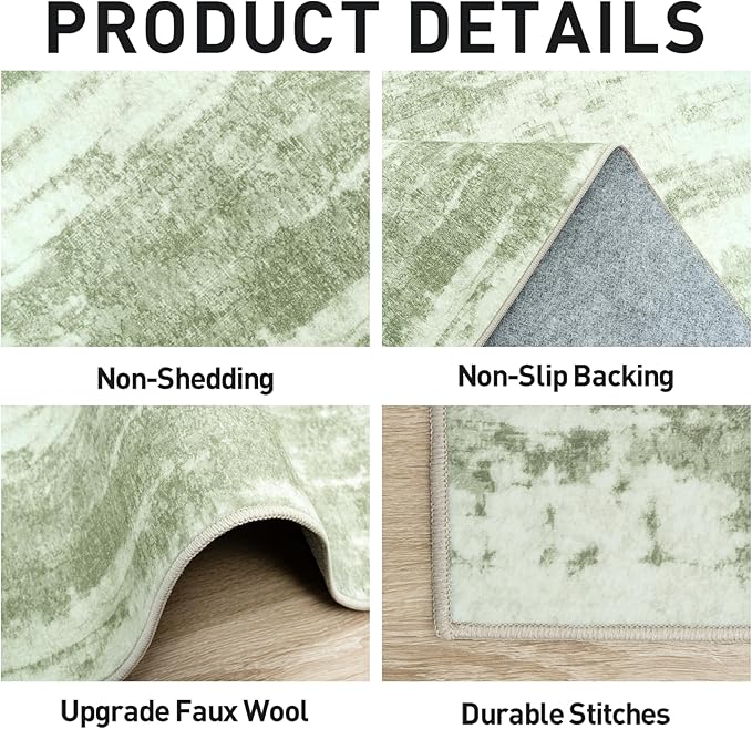 10x14 Area Rugs Washable Rug: Modern Abstract Living Room Rug Soft Anti-Skid Thin Carpet Indoor Floor Non-Shedding Carpets for Bedroom Dining Room Farmhouse Nursery Home Office - Green