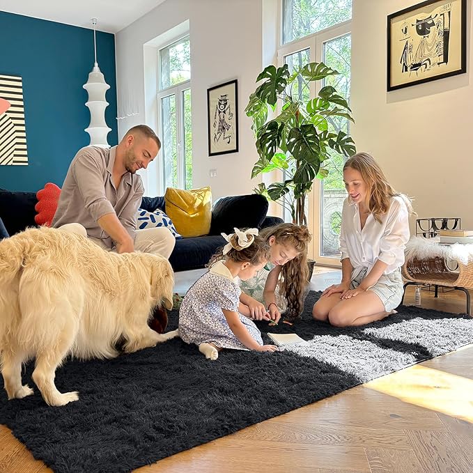 OLANLY 2x3 Machine Washable Small Bedside Rug, Soft Fluffy Shaggy Entryway Throw Rugs for Bedroom, Living Room, Indoor Floor Carpet for Kids Girls and Boys, Nursery Rooms, Home Decor Aesthetic, Black
