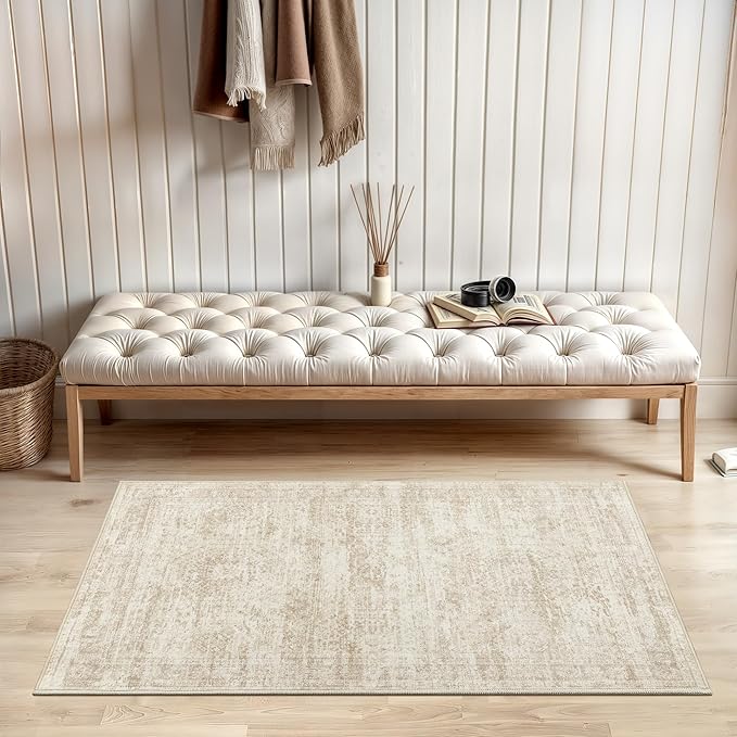 2x3 Washable Rugs for Kitchen, Floor, Entryway, Powder Room Small Area Rug Non-Slip Vintage Low Pile Throw Door Mat Beige