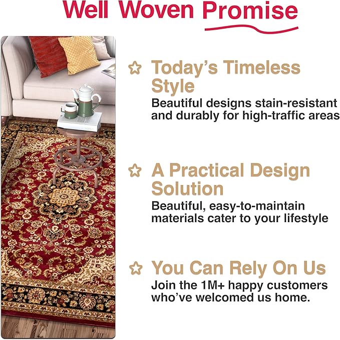 Well Woven Barclay Collection Medallion Kashan Red 4 ft Round Rug - for Entryways, Small Bedrooms, Living Rooms