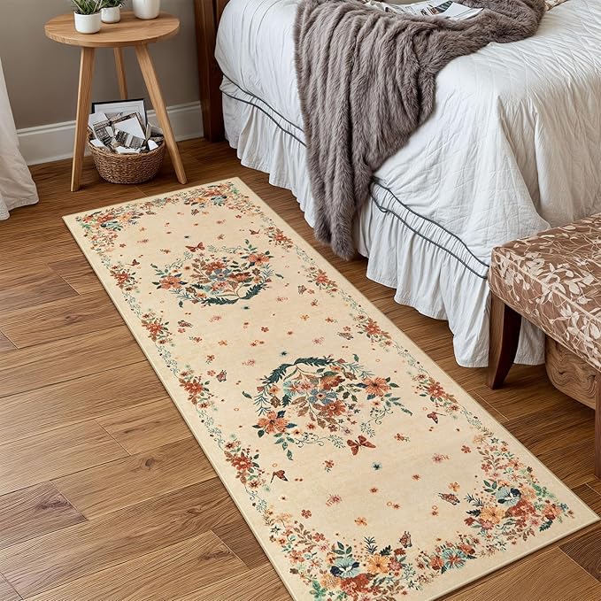 2x6 Runner Rug for Entryway Indoor, Floral Washable Rug Runners for Hallways Non Slip, Boho Kitchen Runner Rugs with Rubber Backing Cream Carpet Runner for Bedroom Entryway Laundry Bedside