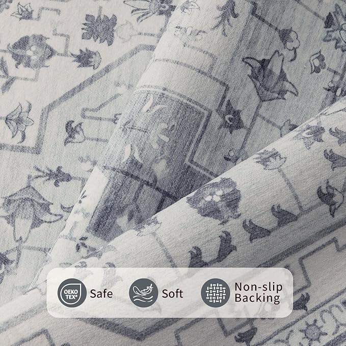 4x6 Washable Area Rug for Living Room, Vintage Boho Rugs for Office, Dining Room, Kids Room, Farmhouse, Durable Low Pile Non Slip Carpet for High Traffic Areas, Blue Quartz