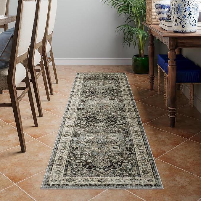 Dripex 2x8 Runner Rug, Machine Washable Non Slip Area Rug,Boho Kitchen Runner Rug, 0.24" Low Pile Vintage Rug, Floor Carpet for Entryway, Hallway, Kitchen and Corridor,Dark Blue and Green