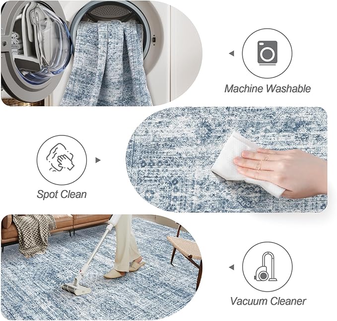 Washable Area Rug 8x10, Large Soft Rugs for Living Room Vintage Blue Rug 8x10 Area Rugs for Bedroom Dining Room Non-Slip Stain Resistant Under Table Rug