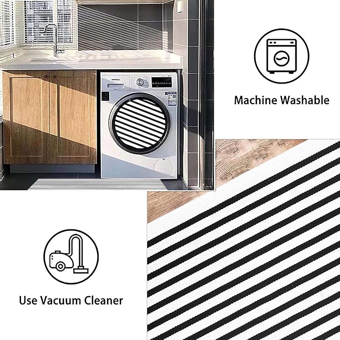 Striped Layered Doormat 24'' x 35'' Black and White Striped Rug Front Porch Machine Washable Indoor Outdoor Doormat for Front Porch Hand-Woven Entryway Mat for Laundry/Bathroom/Bedroom