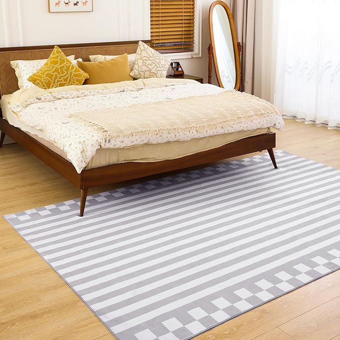 Carvapet Gray Rugs for Living Room Bedroom, Striped Low Pile Modern Large Carpet with Rubber Backing, Foldable, Non Slip Machine Washable (9 x 6 Feet Rectangular, Grey Area Rug)
