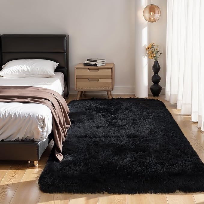Thick Area Rug Black Fluffy Shag 6x9 for Bedroom, Ultra Soft Plush Shaggy Fuzzy Washable Carpet, Modern Thickened Non-Slip Cozy Furry Rug for Living Room Kids Baby Nursery, and Dorm
