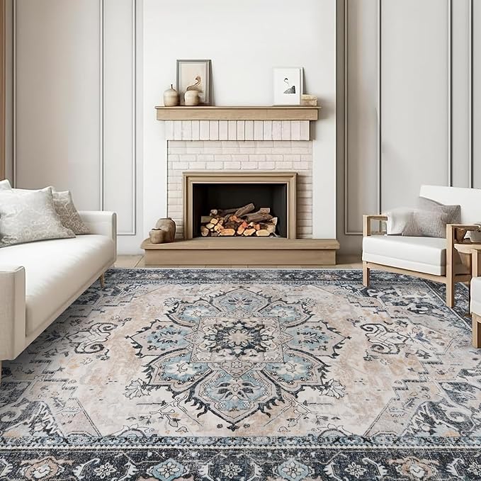 Washable Area Rug 9x12 - Living Room Farmhouse Vintage Oriental Rug Large Distressed Non-Slip Stain Resistant Carpet for Bedroom Dining Room Home Office (9x12 Blue/Cream)