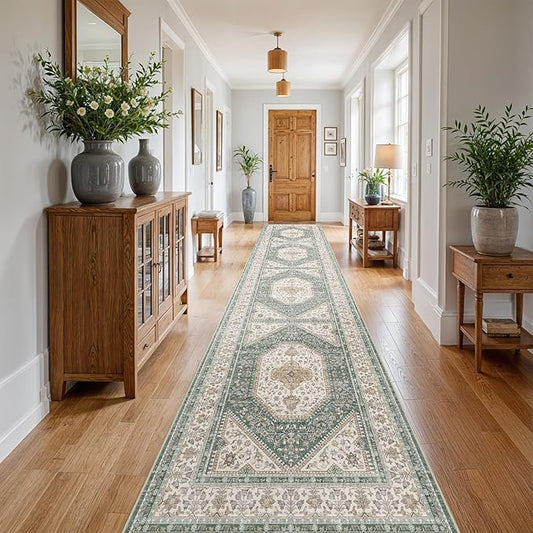 3x20 Runner Rug for Hallway Washable: Non Slip Kitchen Rugs with Rubber Backing Soft Waterproof Mats Stain Resistant Indoor Vintage Carpet Runner for Bedroom Bathroom Laundry Entryway Green/Beige