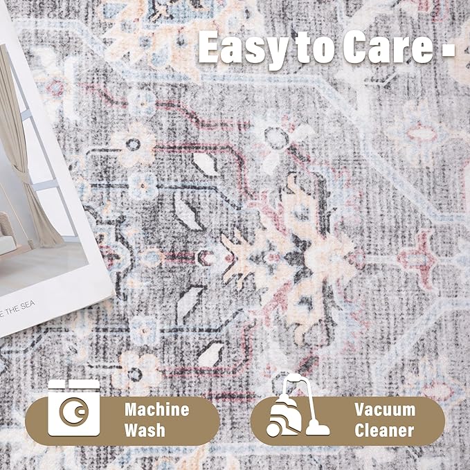 Carvapet Rugs for Living Room Bedroom, Vintage Low Pile Large Carpet with Rubber Backing, Non Slip Foldable, Machine Washable (9 x 6 Feet Rectangular, Grey/Pink Area Rug)