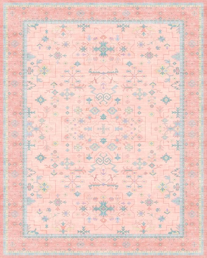 Washable Pink and Blue 8x10 Oushak Rugs for Bedroom Girls Dorm Living Room, Modern Floral Aethestic Distressed Design, Soft Faux Wool Low Pile Non Slip Stain Resistance Carpet