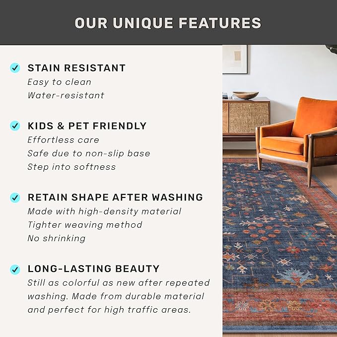 Washable 4x6 Small Rug for Living Room, Area Rug for Kitchen, Bedside, Large Entryway Indoor - Stain Resistant Non Skid Non Slip with Rubber Backing, Boho Aethestic Décor (4x6 Navy Blue)
