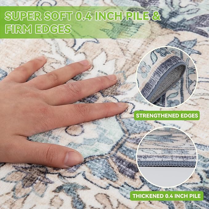 2x6 Washable Runner Rug Non Slip Long Bathroom Hallway Runner Rug Vintage Blue Boho Area Rug Soft Carpet for Bedroom Runner Rugs for Kitchen Laundry Entryway