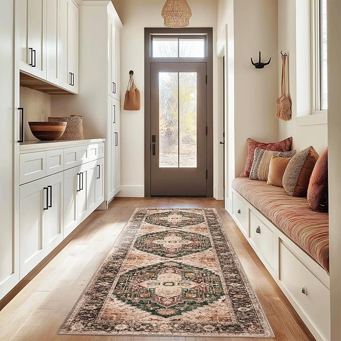 Washable 2x10 Area Rugs, Rugs for Living Room, Low-Pile Water&Stain Resistant Carpet Vintage Distressed Printed Non-Slip Carpet for Bedroom Bathroom Kitchen-Green