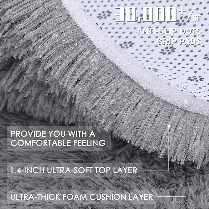 OLANLY Light Grey Round Rugs for Bedroom - Machine Washable, 2x2 Feet Circle Area Rugs for Living Room, Soft and Fluffy Shaggy Carpet for Teen Girl and Boys, Nursery Rooms, Dorms, Home Decor Aesthetic