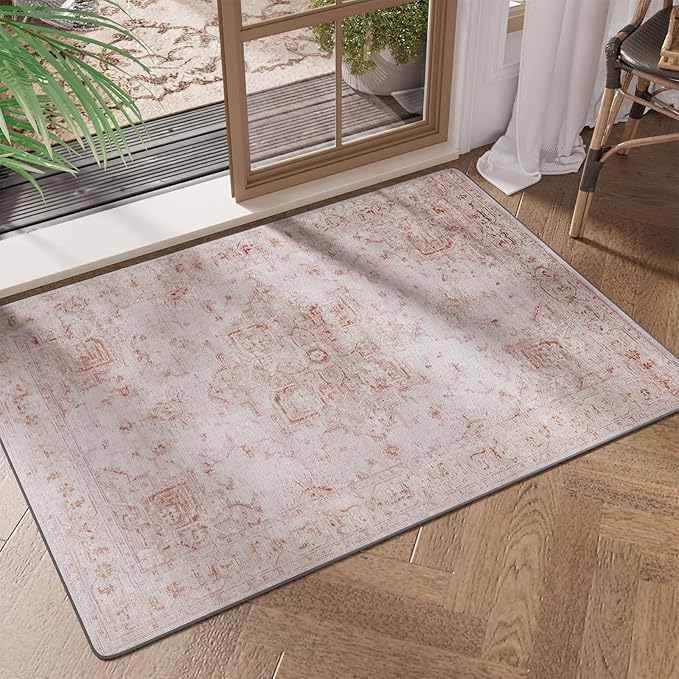 2x3 Small Washable Non-Slip Vintage Chenille Area Rug,Low Pile Distressed Floral Carpet for Entryway Kitchen, Boho Farmhouse Stain Resistant Indoor Rug