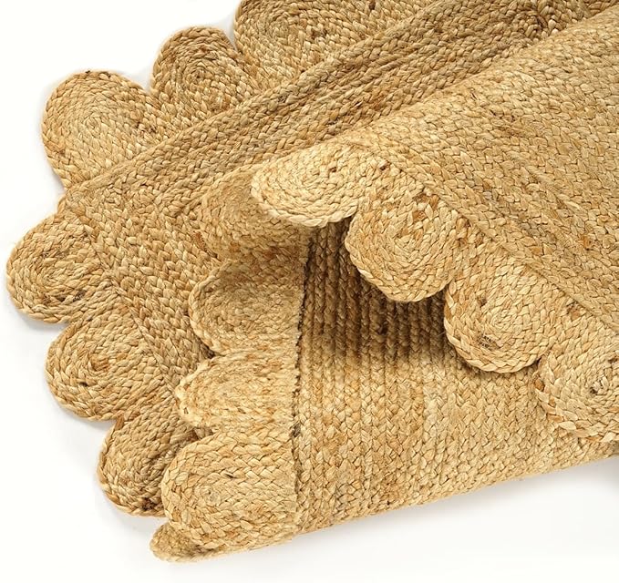 GRUHUM Scalloped Jute Area Rug 4'x6' ft Natural Fibre Rectangular Handwoven Boho Reversible Farmhouse Soft Braided Rustic Vintage Rug Indoor EcoFriendly Livingroom Bedroom Kitchen Hallways Enterways