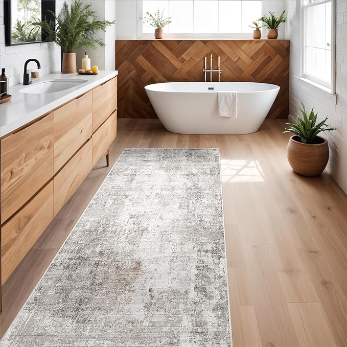 3x10 Ft Long Hallway Runner Rug - Non-Slip Washable Kitchen Runner Rug with Rubber Backing | Modern Abstract Wide Floor Carpet Runner for Indoor Entryway, Bedroom, Living Room, Beige/Grey/Brown