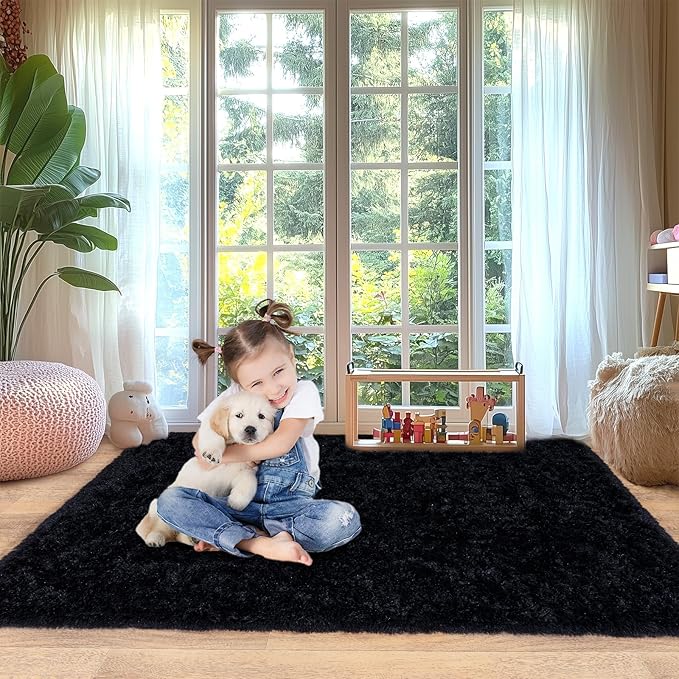 Black Fluffy Rug for Bedroom 5x7 ft - Ultra Soft & Non Slip Shaggy Area Rug, Comfy Durable Carpet for Living Room Kids Room Teens Dorm Home Decor, 1.7'' Thick Indoor Plush Carpets