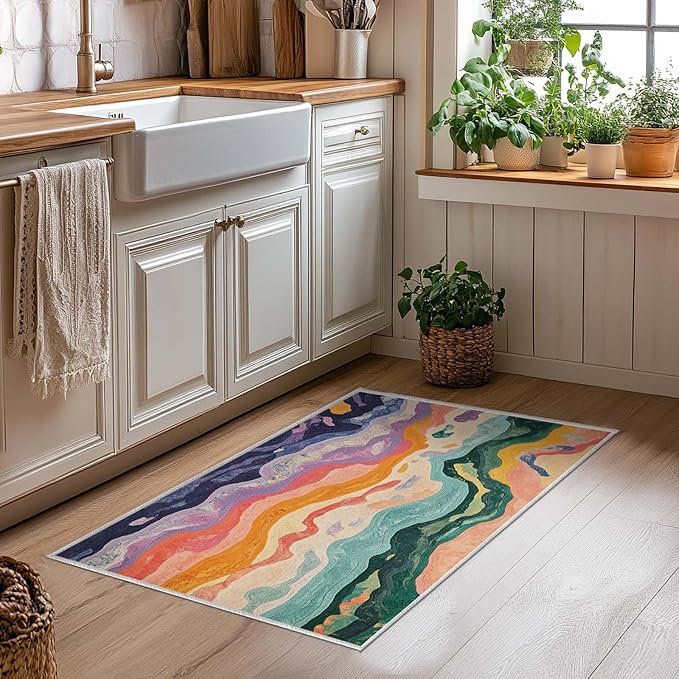 2x3 Entryway Rugs Machine Washable Area Rug Purple Yellow Pink Green Modern Abstract Colorful Rug Non-Slip Low Pile Door Mat Entrance Small Carpet for Home Kitchen Bathroom Bedroom