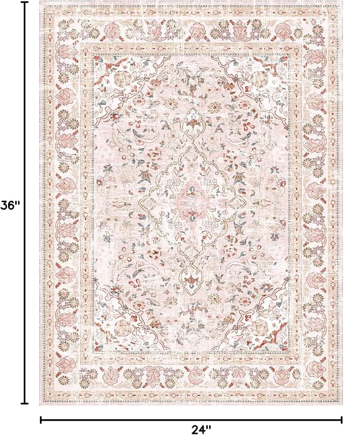 Vhong Pink Area Rugs Washable Boho Vintage Modern Neutral Small Carpet 2×3 Doormat for Bathroom Kitchen Entryway Girls' Room Nursery Room Non Slip