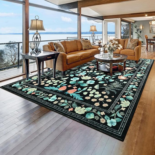 Area Rugs for Living Room, 6x9 Washable Non-Slip Rug for Bedroom, Vintage Floral Carpet for Home Office Nursery Dining Room Kitchen, Black