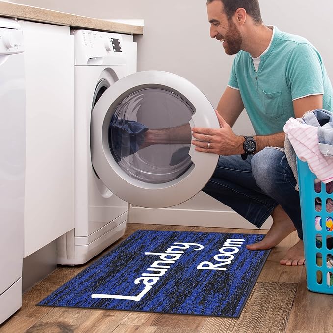 Machine Washable Text Design Laundry Room Rug Non-Slip Rubberback 2x3 Laundry Area Rug for Laundry Room, Bathroom, Washroom, 26" x 35", Black/Blue