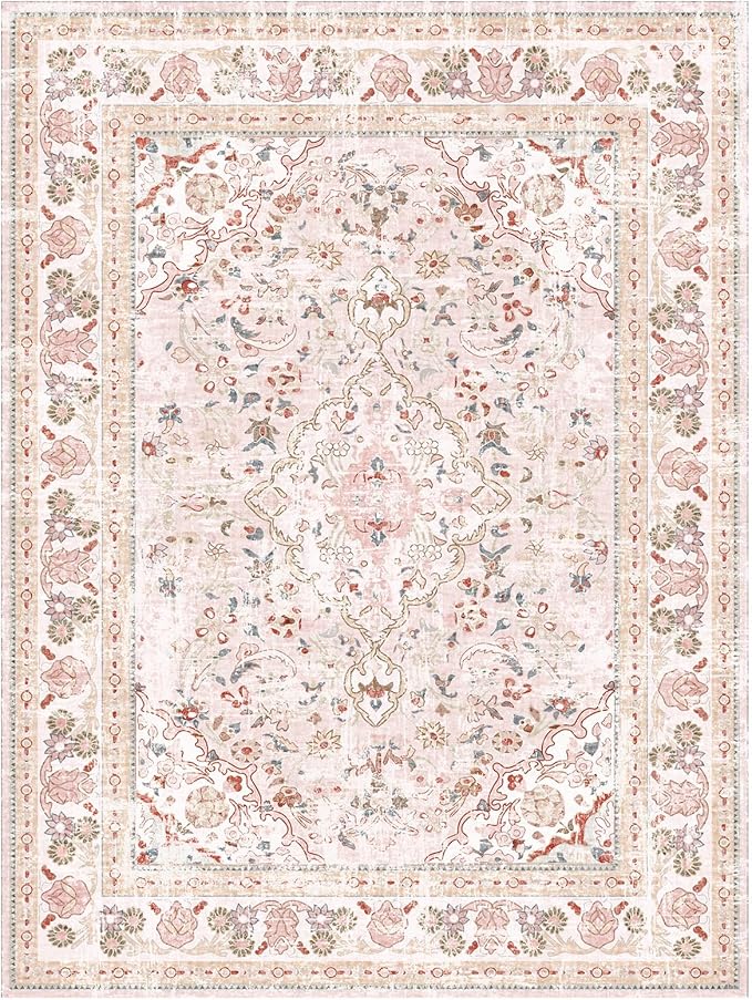 Vhong Pink Area Rugs Washable Boho Vintage Modern Neutral Small Carpet 2×3 Doormat for Bathroom Kitchen Entryway Girls' Room Nursery Room Non Slip