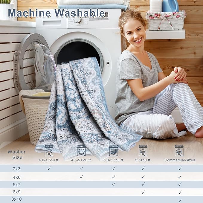 3x5 Area Rug for Bedroom, Machine Washable Rugs with Non-Slip Backing for Living Room, Soft Vintage Carpet Kitchen Laundry Kids Room Decor, Blue & Beige