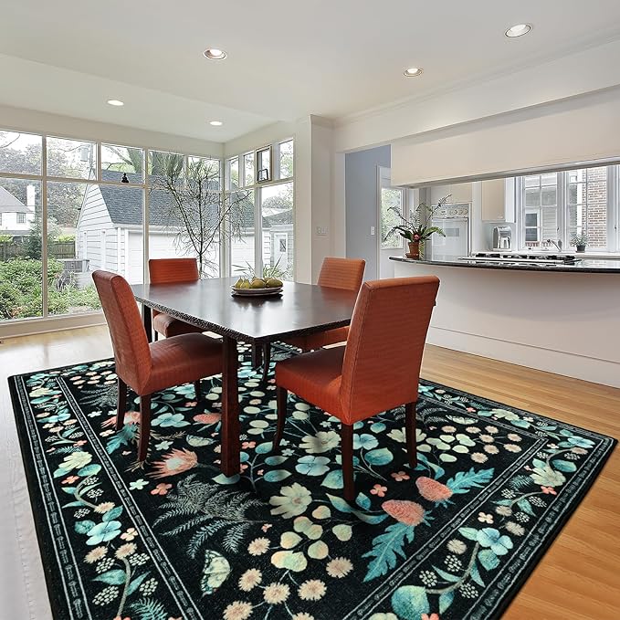 Area Rugs for Living Room, Washable 5x7 Vintage Rug for Bedroom, Non-Slip Floral Carpet for Home Office Nursery Dining Room Kitchen, Black
