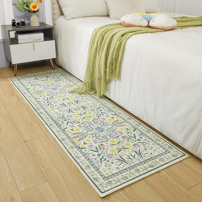 Amearea Green Runner Rugs for Hallway, 2x6 Feet Area Rugs for Bedroom Girls, Washable Floral Collection Bedside Rugs Low Pile Print Carpet, Kids Room Entrance Kitchen Living Room Decor