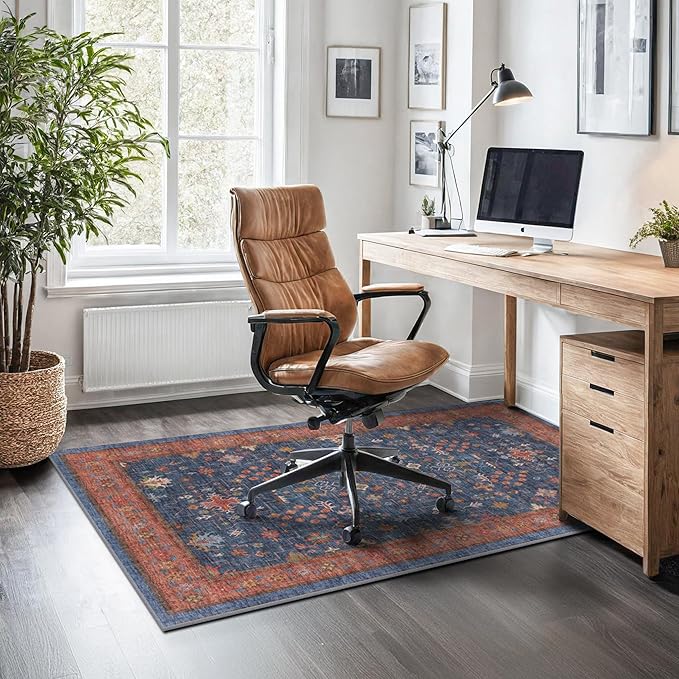 Washable Kitchen Rugs, 3x5 Area Rug for Large Entryway Indoor, Kitchen Mat, Small Rug for Living Room - Stain Resistant Non Skid Non Slip Rubber Backing, Boho Aethestic Décor (3x5 Navy Blue)