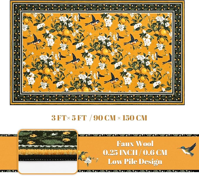 ASPMIZ Yellow Floral Area Rug, Lemon Hummingbird 3x5 Rug Washable Non Slip, Vintage Rugs for Living Room, Foldable Low Pile Soft Throw Rug Carpet for Bedroom Kitchen Dining Room Nursery Office