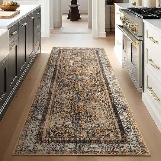 Phantoscope Hallway Runner Rug 2'x6' - Boho Washable Non-Slip Kitchen Rug Runner, Ultra-Thin Vintage Distressed Accent Throw Rug for Entryway Laundry Bathroom Bedroom, Dark Brown/Orange Spice