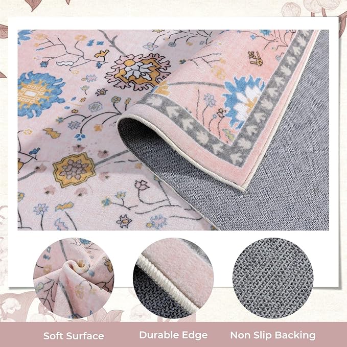 Syalife 2x3 Area Rugs, Non Slip Washable Small Rugs for Entryway, Kitchen, Bathroom, Kids Room, Low Pile Entry Throw Rug Indoor Front Door Mat (Pink Floral, 2'x3')