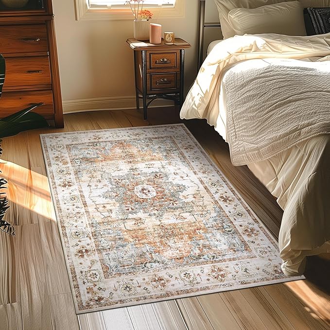 Washable Area Rug for Entryway - 3x5 Soft Indoor Vintage Print Mat Thin Foldable Lightweight Non-Slip Kitchen Bathroom Bedroom, Red