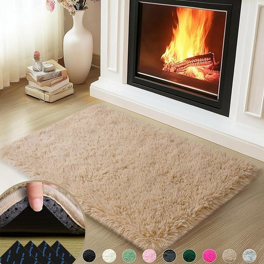 2x3 Rugs for Bedroom, Fluffy Area Rugs for Living Room, Soft Shag Kids Rug Small Carpet with 4 Non-Slip Rug Pads (Light Tan, 2ft x 3ft)