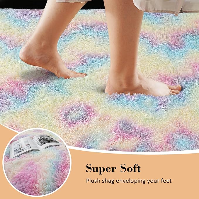 Rainbow Fluffy Rug Shaggy Area Rug, 3x5 Area Rugs for Girls Bedroom, Soft Cute Baby Play Mat, Indoor Floor Carpet for Teen, Nursery, Preppy Dorm, Plush Aesthetic Bedside Rug
