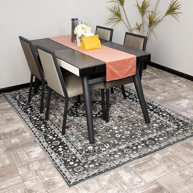 Yancorp 2'x3' Area Rug for Bedroom Non Slip Washable Rug Vintage Carpet Living Room Non-Shedding Indoor Floor Mats Bedroom Kitchen Entryway Rugs-Rectangle Black Grey