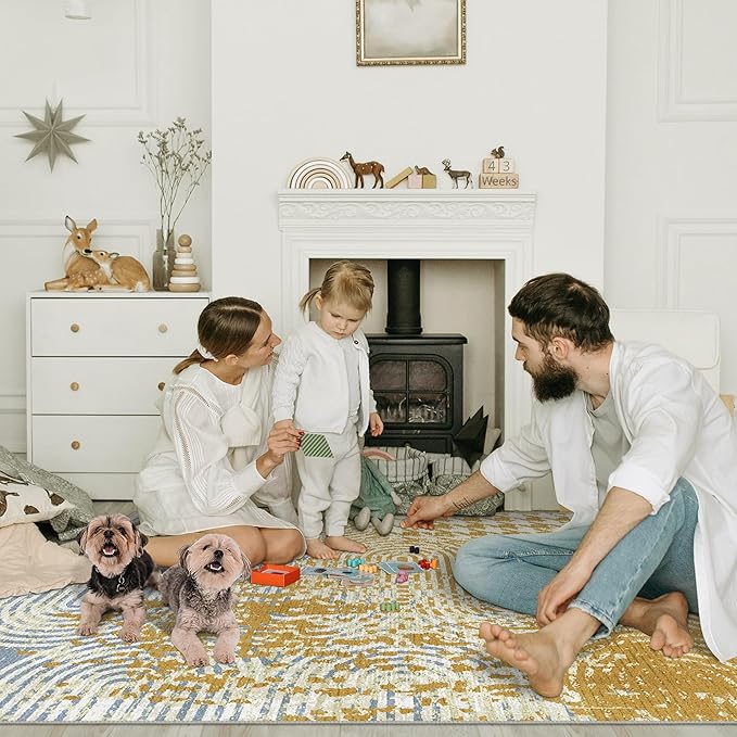 Bavni Area Rug, 6X9 Durable Rugs for Bedroom, Ultra Thin Non Shedding Rugs for Living Room, Anti Slip Backing Washable Rug, Stain Resistant Dining Room Rug (Yellow Blue)