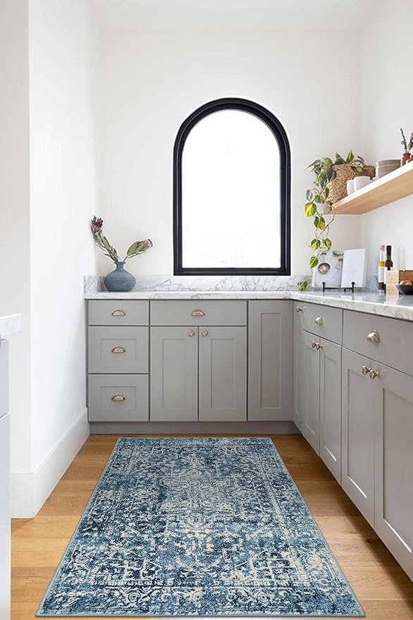 Morebes Boho 4x6 Rug for Living Room, Stain Resistant Washable Area Rug for Bedroom Non Slip Entryway Rug, Vintage Medallion Low Pile Soft Carpet for Bathroom Kitchen Dining Room, Deep Blue