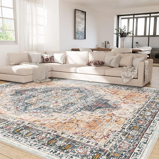 3x5 Area Rug Boho Machine Washable Living Room Rug Non Slip Low Pile Vintage Print Distressed Soft Carpet for Bedroom Diningroom Black/Yellow/Pink