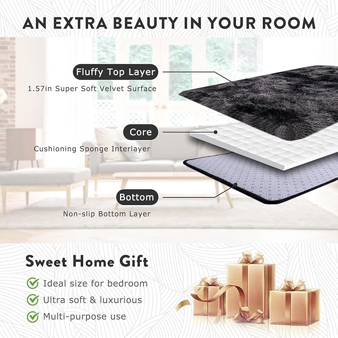 6x9 Fluffy Shag Area Rugs for Living Room, Soft Cozy Large Fuzzy Shaggy Carpet for Boys Girls Kids Bedroom, Non-Slip & High Pile, Modern Indoor Floor Plush Thick Rug, Tie-dye Dark Grey