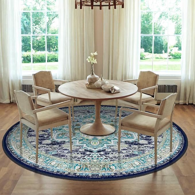BESTSWEETIE 6ft Area Rugs for Living Room Washable Non Slip Carpet Low Pile Soft Vintage Print Pattern Rug for Bedroom Dining Room Kitchen Entryway Indoor-Teal/Navy/Green/Yellow