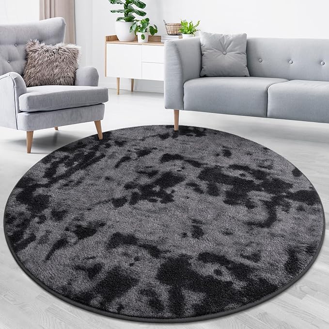 Lascpt Round Rug for Bedroom 6x6, Tie-Dyed Deep Grey Circle Rug for Living Room Super Soft Thicken Memory Foam Circular Rug, Indoor Area Rug for Modern Home Decor, Round Carpet for Nursery Kid's Room