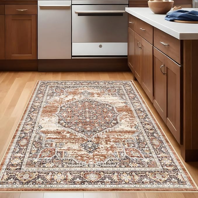YOUFORTONG Area Rug 3x5 for Living Room: Soft Ultra Thin Low Pile Mat Machine Washable Indoor Doormat Lightweight Entry Rug Anti Slip Backing Rugs for Bedroom Kitchen 3'x5' Brick