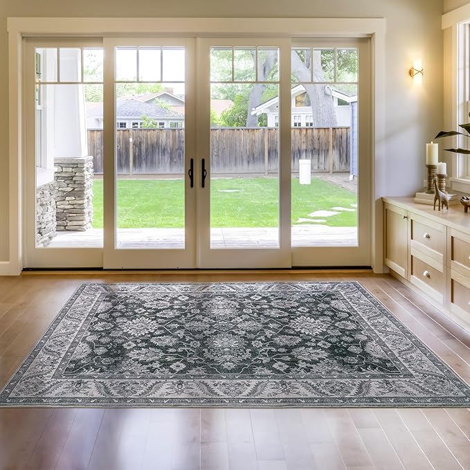 Area Rugs for Living Room, 4x6 Washable Rugs for Bedroom, Non-Slip Retro Floral Carpet for Entryway Office Kitchen Dining Room, Grey